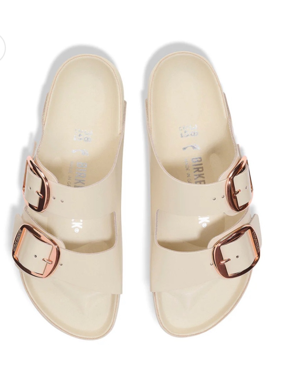 Birkenstock Arizona Exquisite in High Shine Ecru Big Buckle Rose Gold NWOT